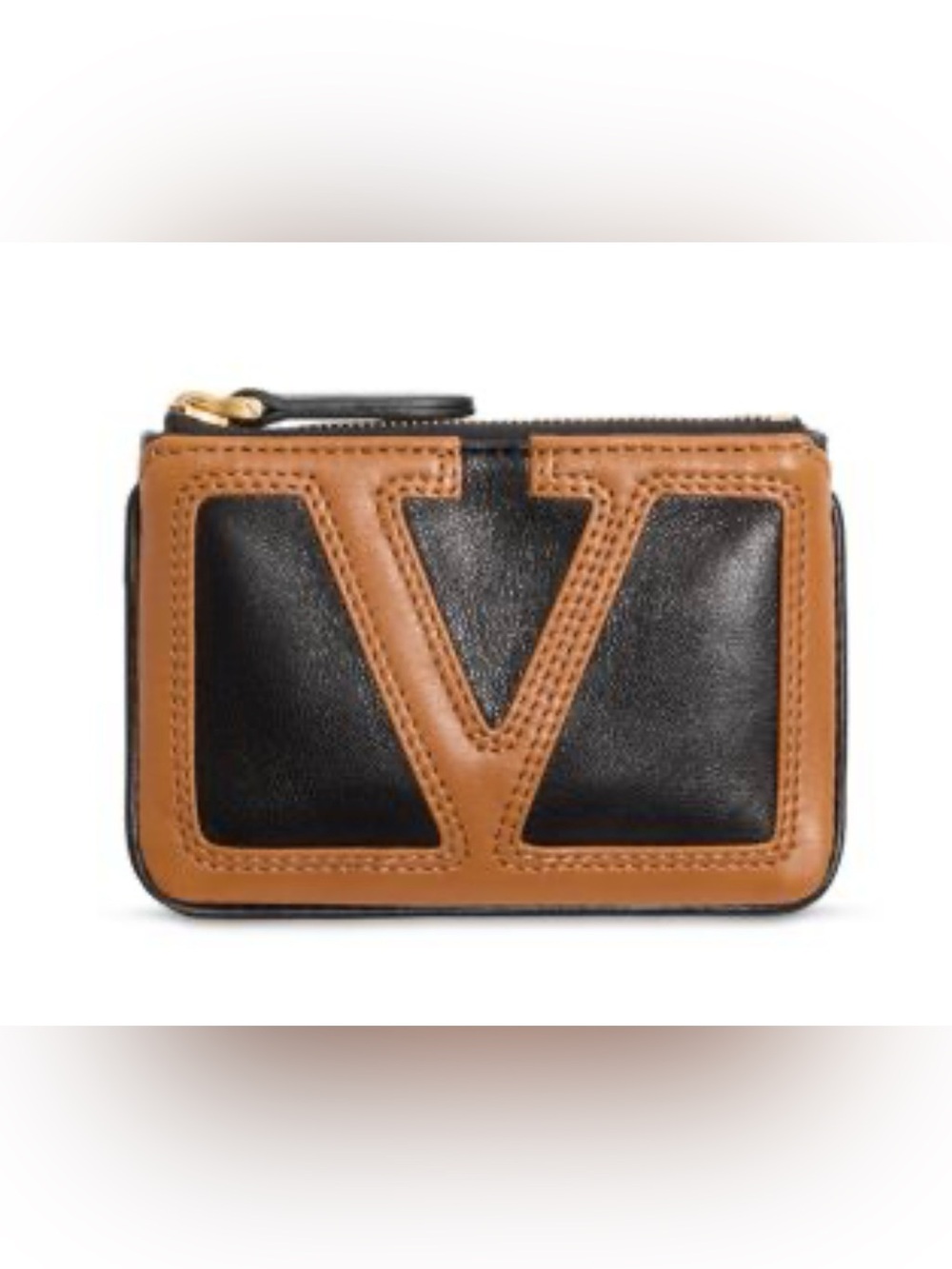 Valentino Garavani Black and Tan Leather V Logo Card & Key Holder